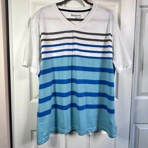 Fourcast Men's XL V-Neck Knit Short Sleeve Tee White with Blue & Gray Stripes